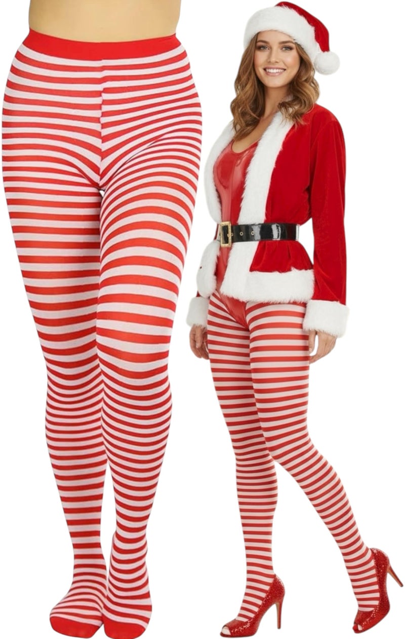 ToBeInStyle Women's Opaque Striped Pantyhose Stocking Hosiery - One Size Plus - White/Red - One Size: Plus - Image 1
